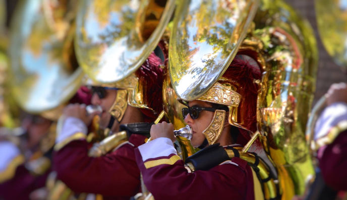 Photo of myself in USC's Trojan Marching Band's sousaphone section.