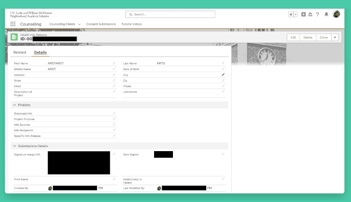 Redacted screenshot of NAI's mental health team's IMS.
